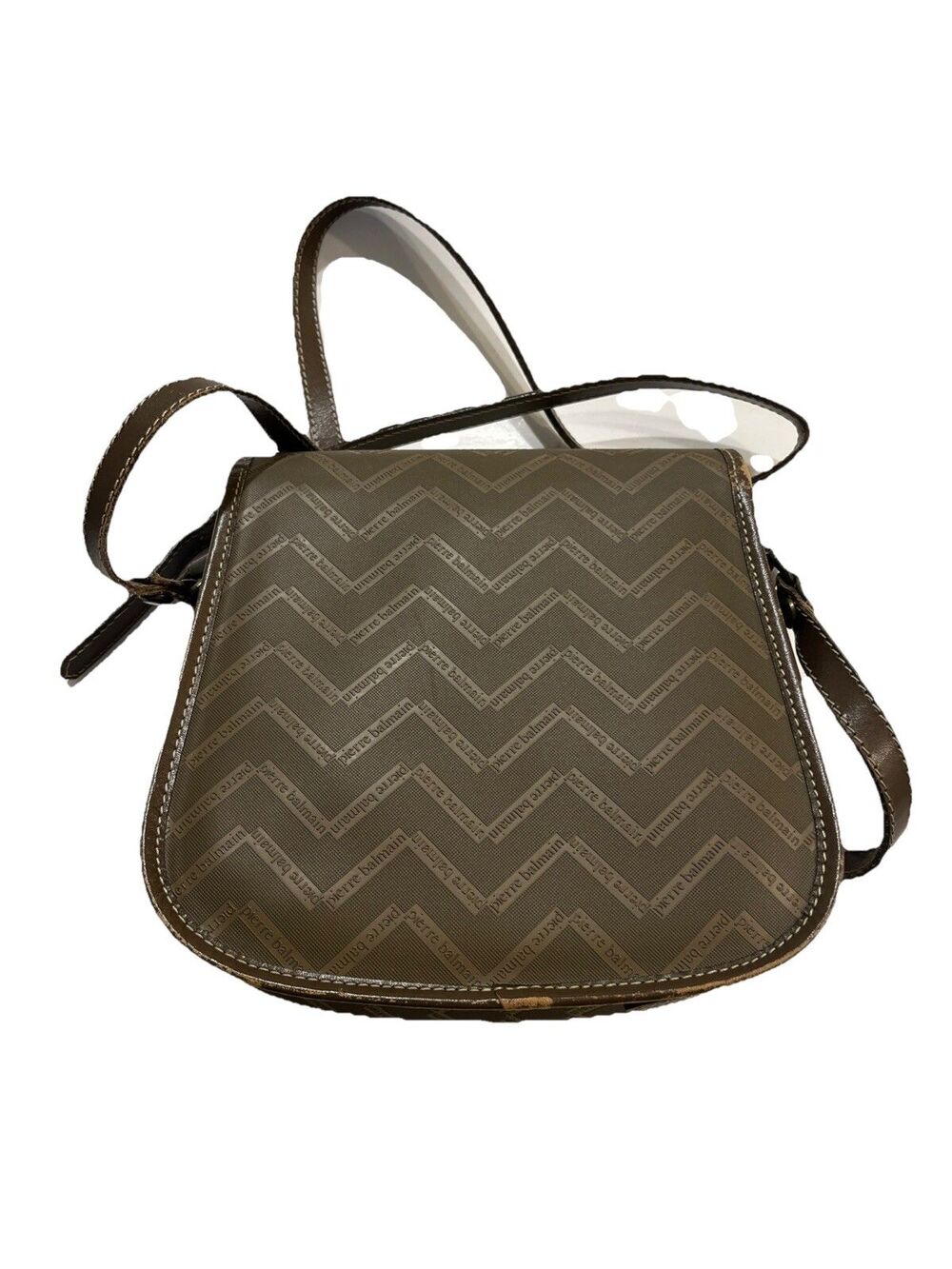 VGUC Vtg PIERRE BALMAIN Brown Monogram Zig Zag Crossbody Saddle Purse - Picture 7 of 14